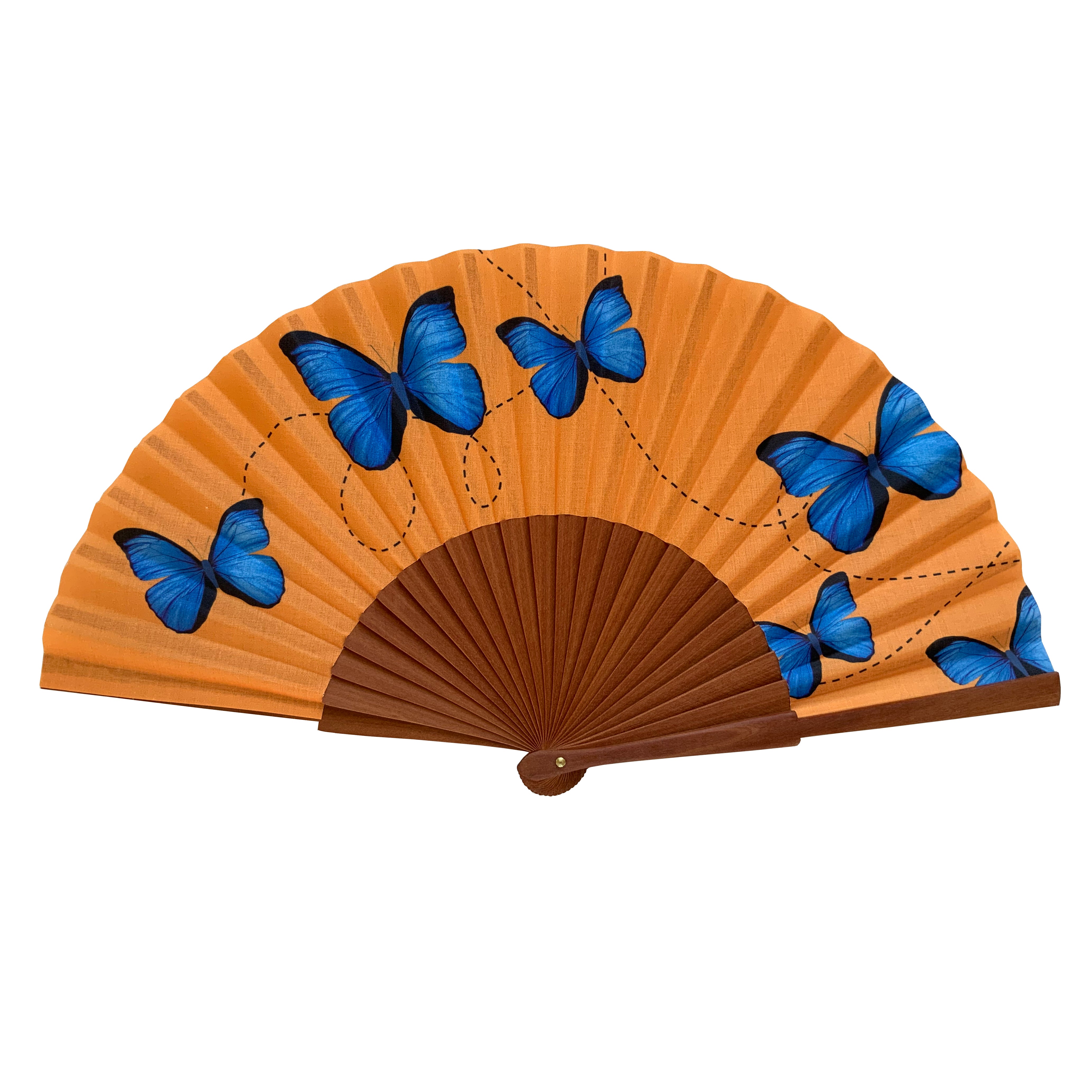 Abanico Mariposas azules - de Madera y Algodón - Original y Artesanal